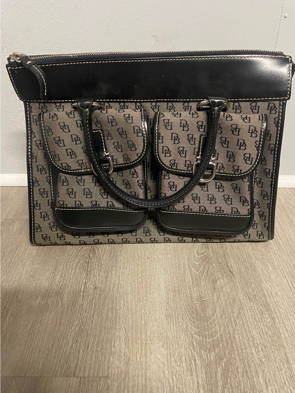 Dooney & Bourke Brown Monogram Canvas Tote with Black Trim